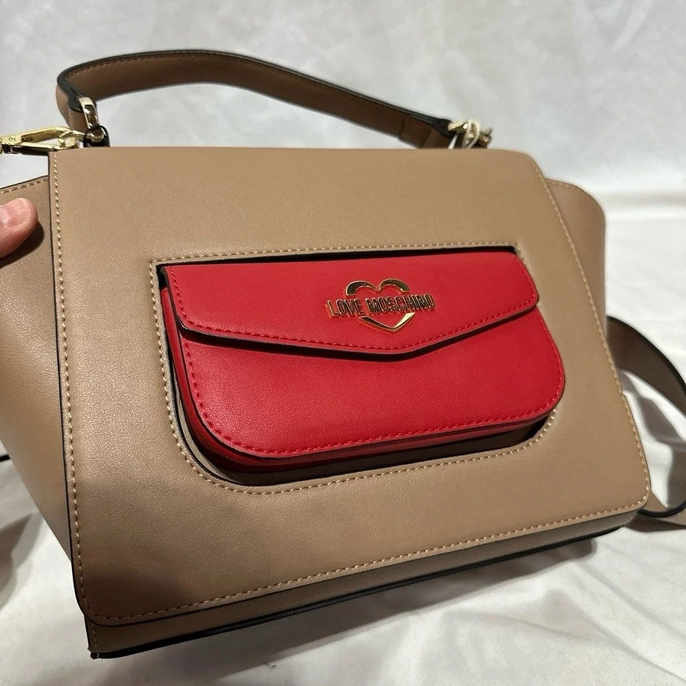 Love Moschino Tan Beige Brown Red Gold Top Handle Handbag Crossbody NWT